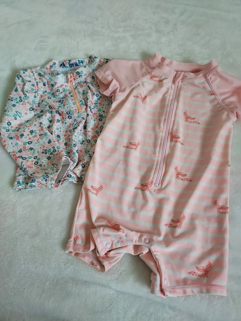 Pink Striped Mermaid One-Piece & Floral Top Rashguards Swimsuit Summer Vacation